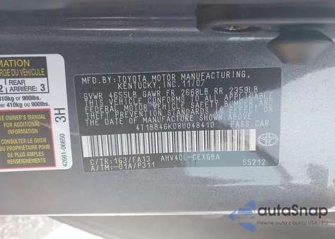 2008 Toyota Camry Hybrid z USA, uszkodzony, nr VIN 4T1BB46K08U048410